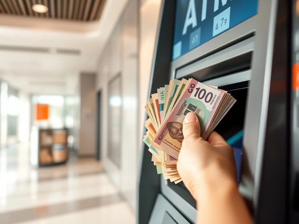 Ręka wkłada kolorowe banknoty do szczeliny wpłatomatu w nowoczesnym, jasnym wnętrzu banku