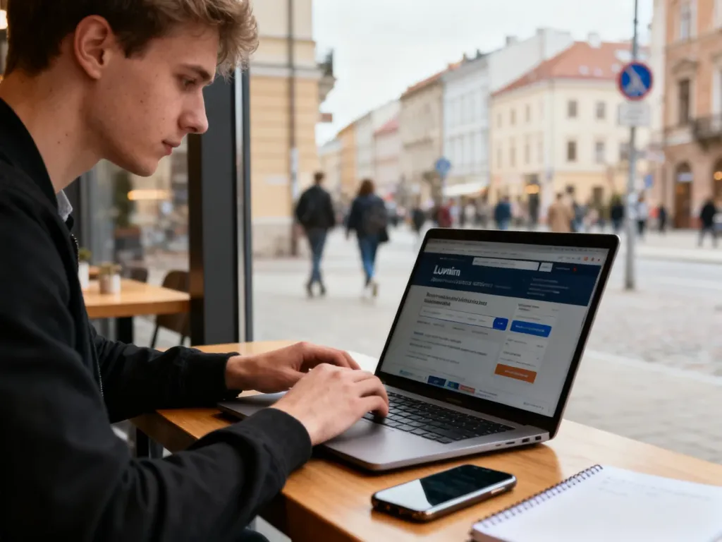 Młody mężczyzna przegląda oferty pracy na laptopie, siedząc w lubelskiej kawiarni przy ulicy. no text on the picture